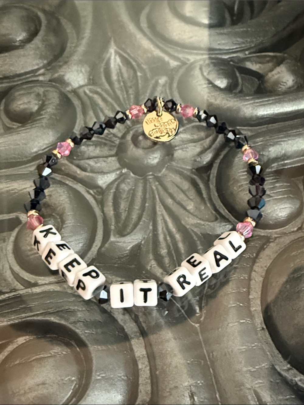 Little Words Project Keep It Real Beaded Stretch Bracelet Pink & Black Crystals
